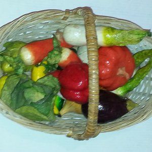 16 Vtg Artificial Fruits, Vegetable, Bamboo Basket